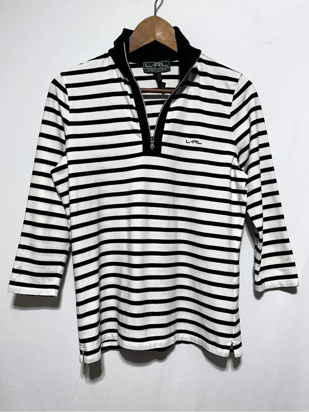 LAUREN ACTIVE Ralph Lauren Black White Stripe Quarter Zip Top M